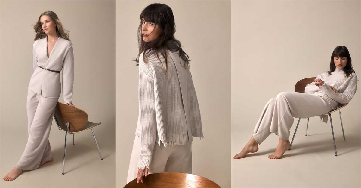 Philo-Sofie FW25: knit blazer in stone, back view of slit turtleneck, and tone-on-tone turtleneck with matching trousers.
