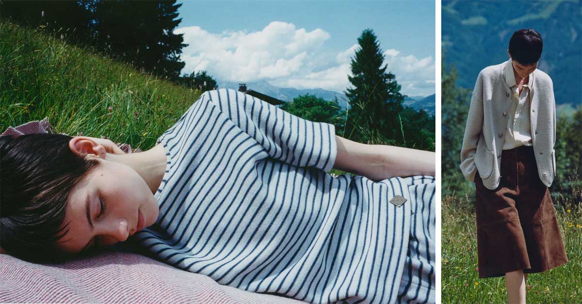 This diptych shows a woman in an alpine setting. On the left panel, she is resting in a grassy field while wearing a striped, short-sleeved top. On the right, she stands wearing a light-colored cardigan and a brown suede skirt.