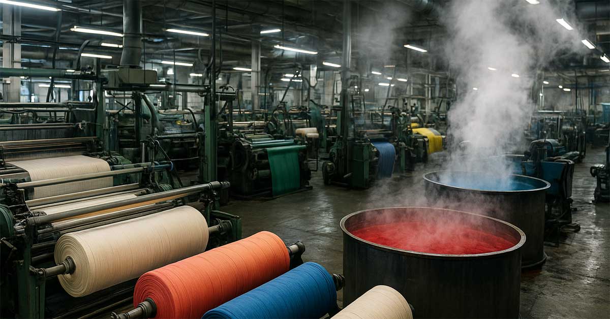 Textile factory with weaving and dyeing machines producing colored fabrics, showing the industrial side of clothing production.
