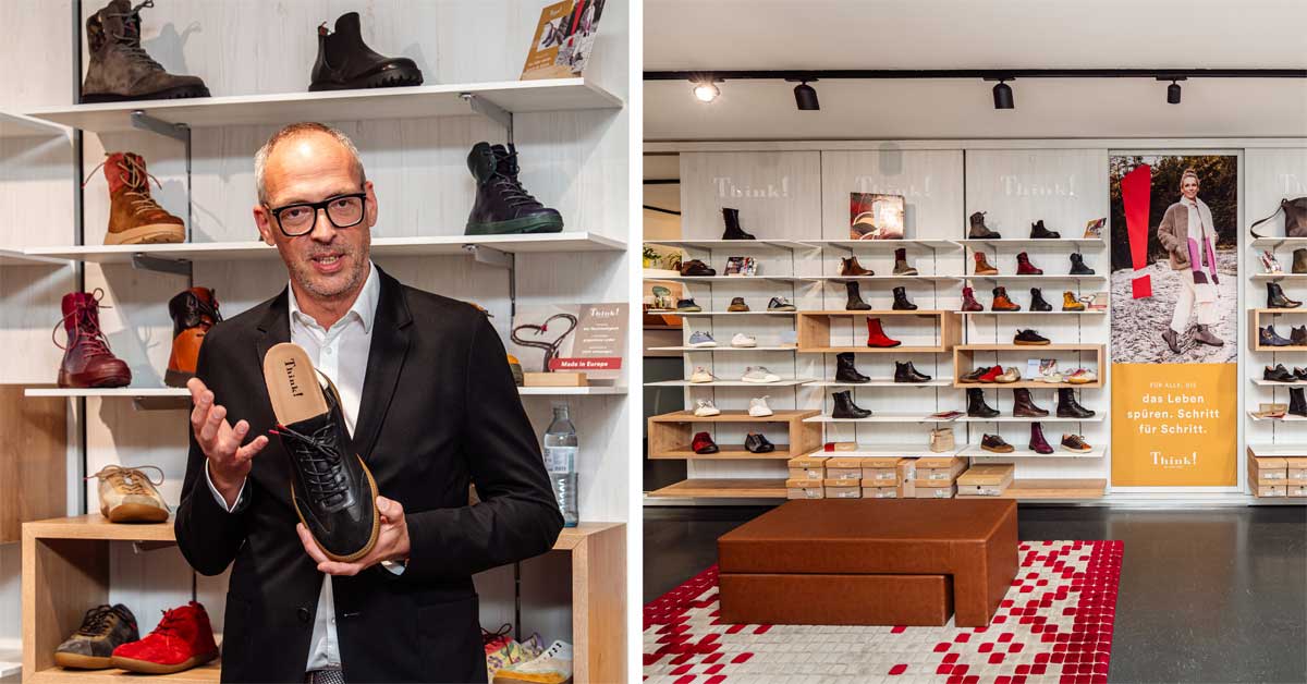 Christoph Mayer holding a sneaker from the Think! FW 25/26 collection, alongside an interior view of the shared store in Vienna.