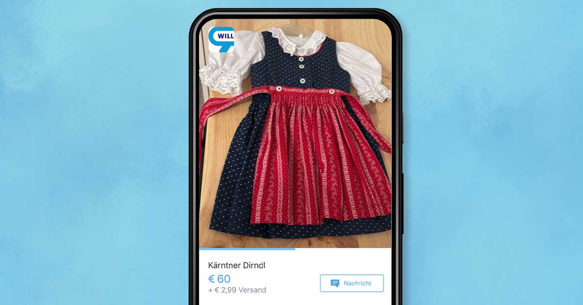 Girl’s Kärntner Dirndl with blouse and red apron shown on a Willhaben smartphone listing.