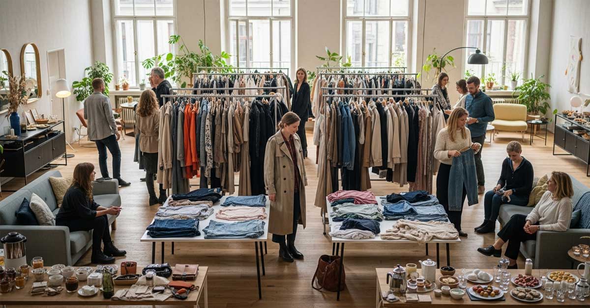 People browsing clothing racks and socializing at a bright indoor fashion swap event in Vienna.
