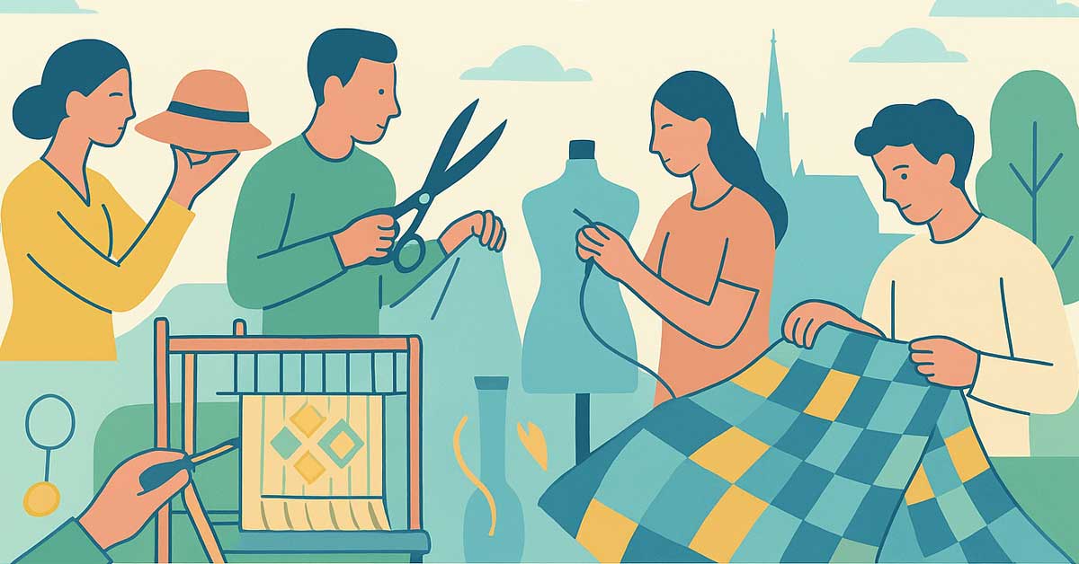 Minimalist pastel graphic with symbols of tailoring, millinery, and jewelry over a Vienna skyline outline including St. Stephen’s Cathedral.