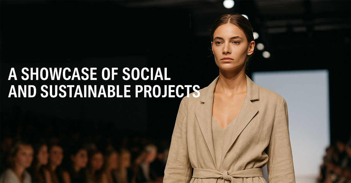 AI-generated image of a model in a beige sustainable outfit on the runway.