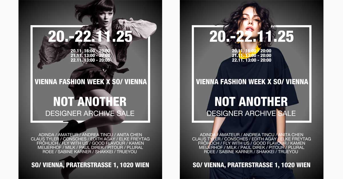 Two promotional posters for NOT ANOTHER Archive Sale 20-22 November 2025 Vienna featuring each a model and designer list.