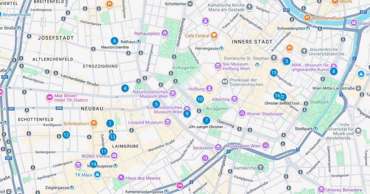 Google Map of Vienna showing numbered pins for selected fashion designers, ateliers, showrooms, and museum venues noted in Fashion.at's past-year coverage.
