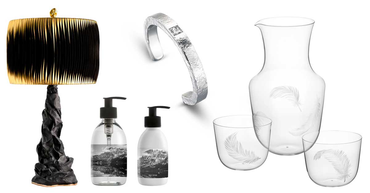 Studio Palatin lamp, Lederhaas wash and lotion, Schullin bangle, and Lobmeyr engraved feather glassware.
