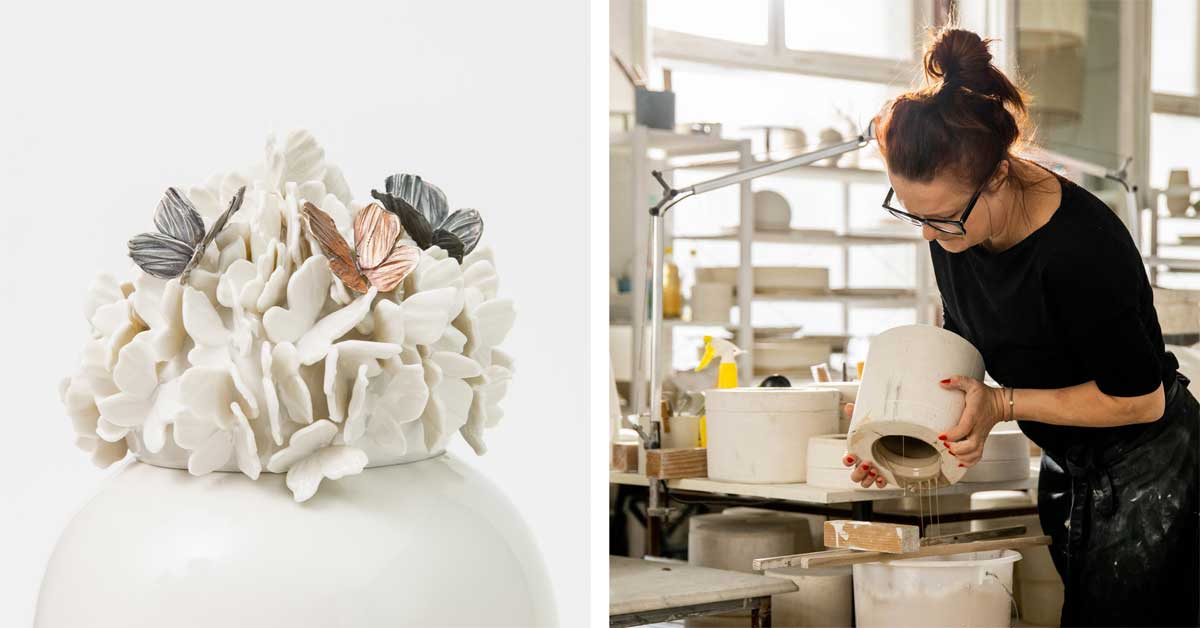 Left: Porcelain Babushka with butterfly motifs. Right: Sandra Haischberger, founder feinedinge, working in her atelier. Photo © Patrick Griesbacher-Tafner