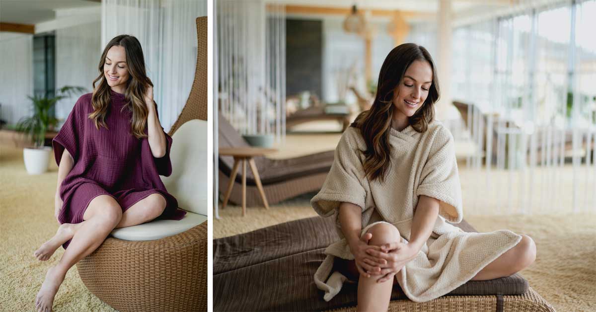 Model wearing Vossen poncho Tilda in Elderberry (left) and model in poncho Timo in Sand (right), from the Balance collection, available from October 2025.