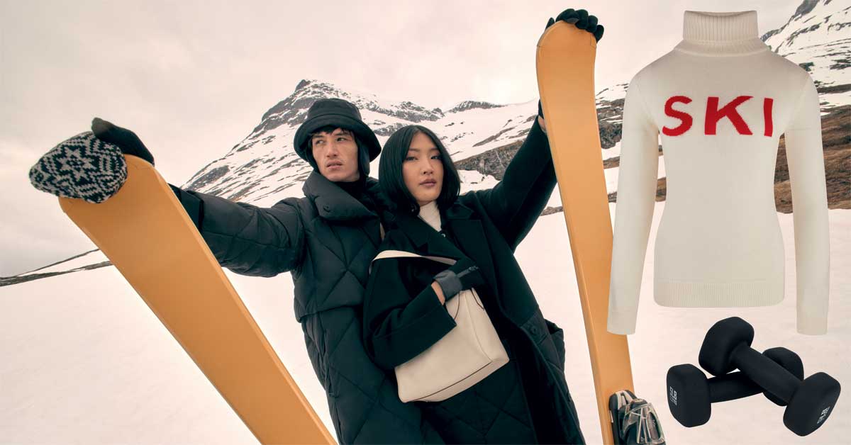 TK Maxx 'Norway Day' Nordic campaign collage with white ski pullover featuring red SKI lettering and black hand weights positioned above a winter sports background.