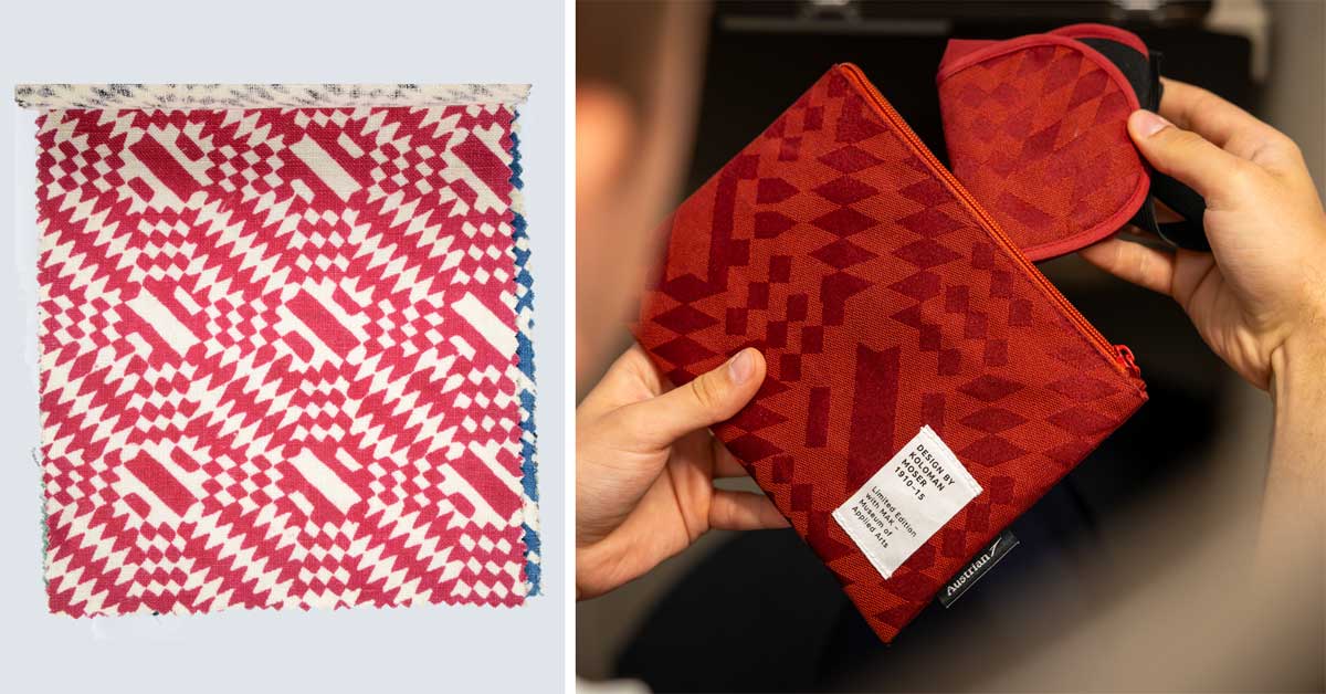 Left: Original 1910 textile design by Koloman Moser for the Wiener Werkstätte. Right: Modern Austrian Airlines Business Class amenity kit featuring Moser's pattern.