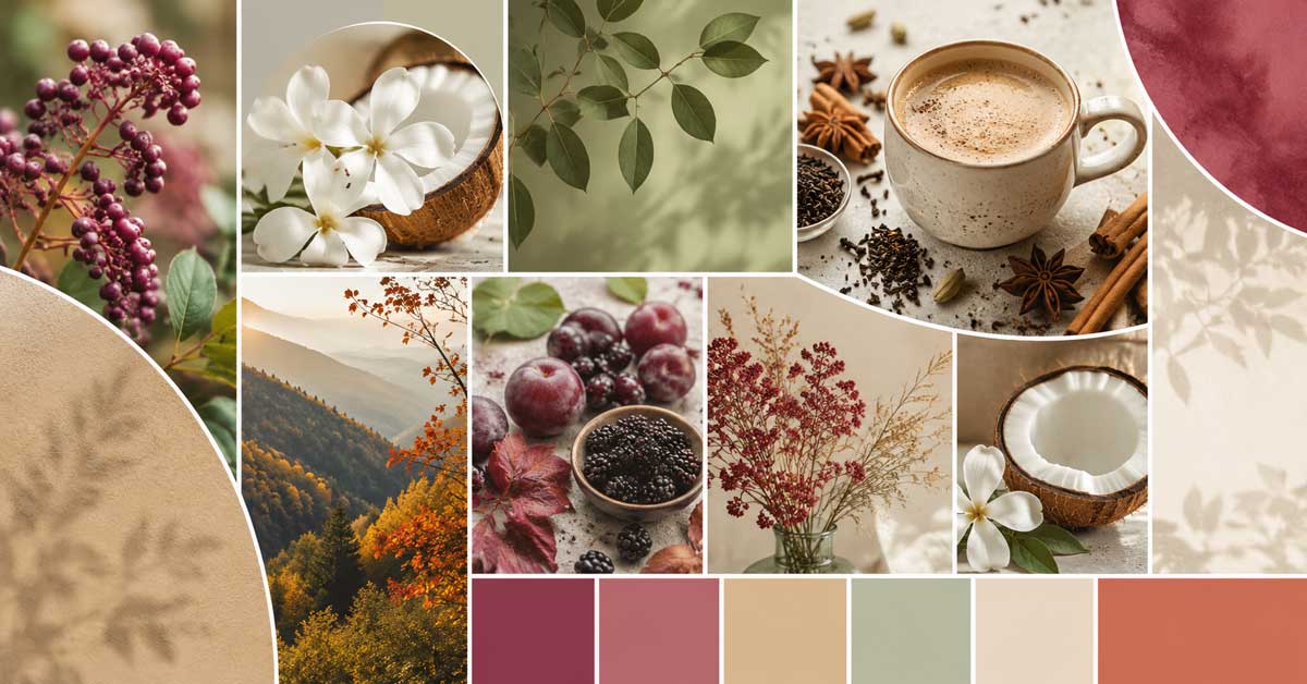 Autumn mood board with seasonal colours, tea spices, berries, tropical flowers and natural textures.