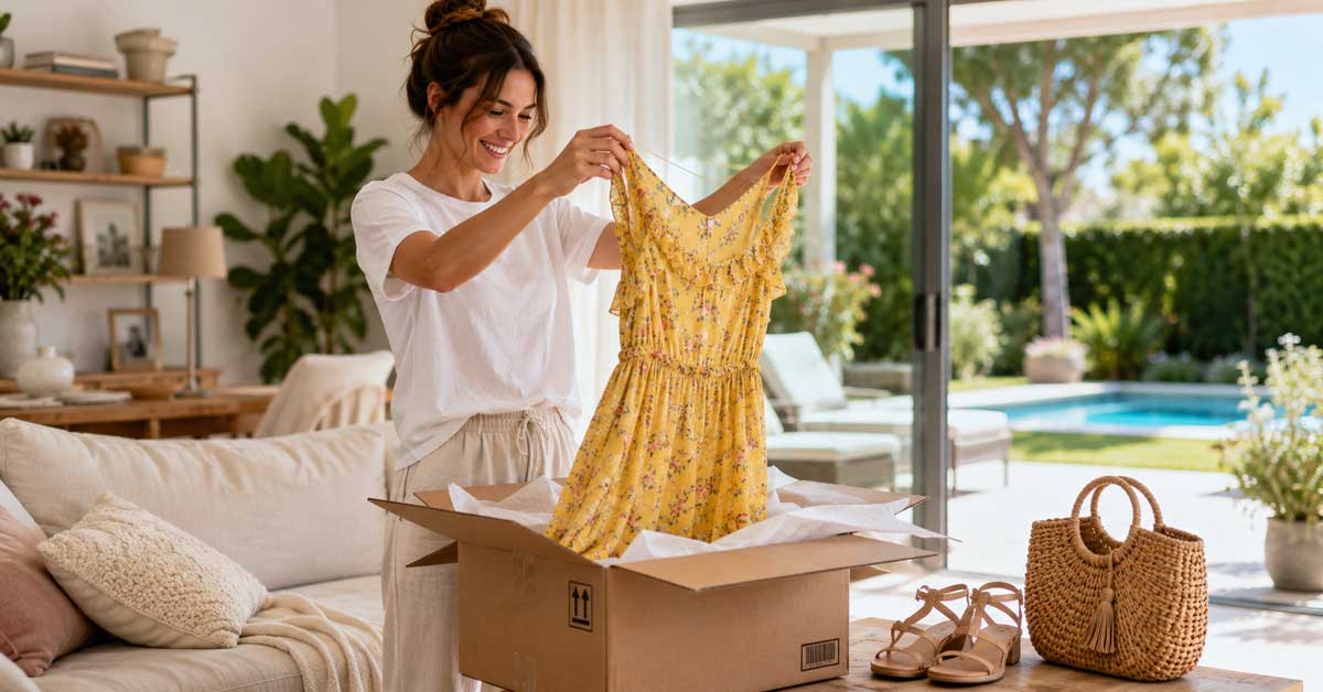 Woman unpacking a yellow floral summer dress from a parcel in a modern living room with pool view, sandals and straw bag nearby.