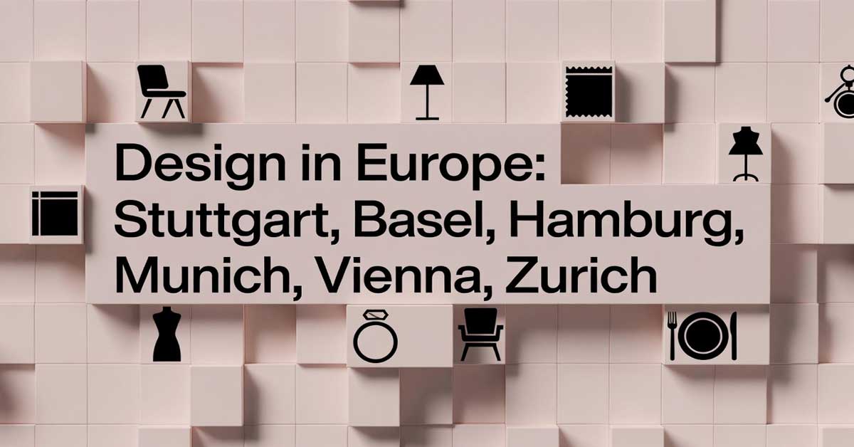 Graphic text 'Design in Europe' listing cities on a textured pink 3D background with design icons.