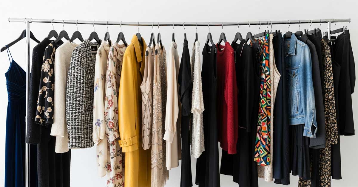 A clothing rack displaying a variety of women's garments including a yellow coat, blue dress, and denim jacket.