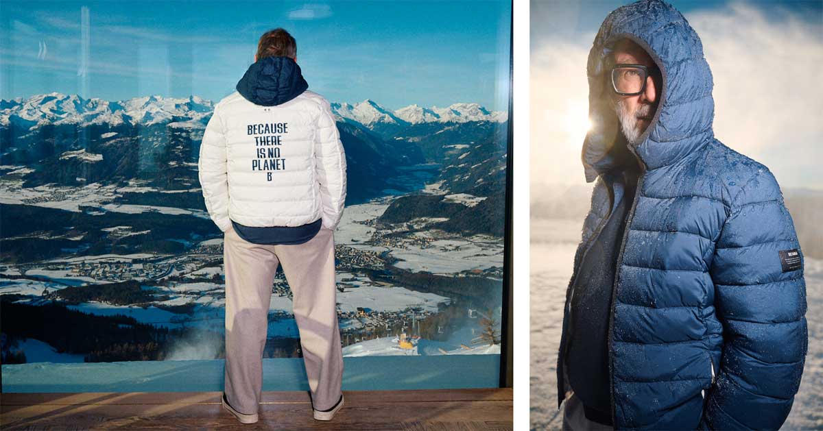 AlpiNN team member in sustainable outfits at the Kronplatz restaurant with Dolomite panorama, and chef Norbert Niederkofler.