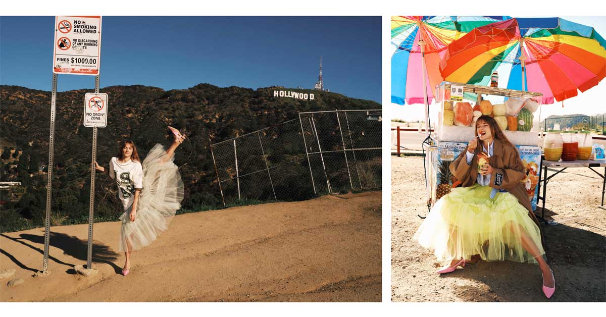 Model in a tulle skirt photographed near the Hollywood Hills in Los Angeles.