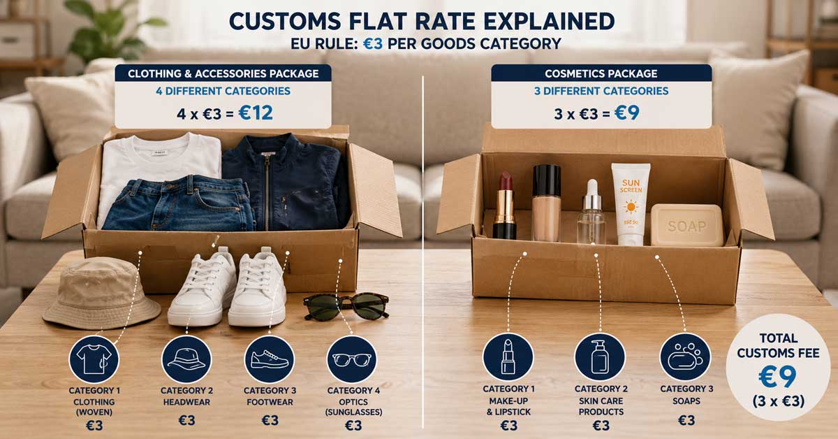 Two parcels comparing EU customs categories for clothing and cosmetics with flat-rate fees.