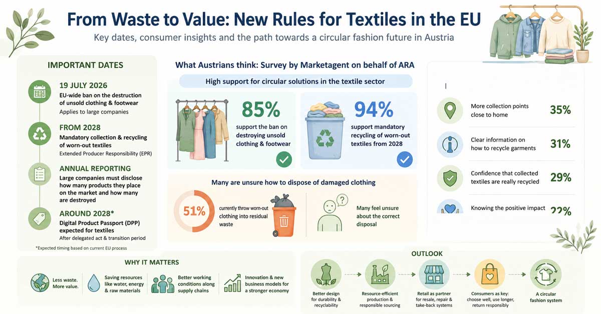 Infographic detailing EU textile waste rules in Austria, showing dates, consumer insights, motivations, and a circular fashion outlook.