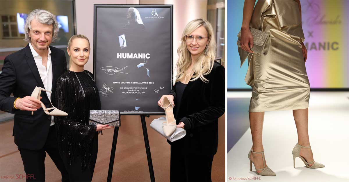 Presentation of elegant evening shoes and couture fashion at the Haute Couture Austria Award 2025 in Vienna.