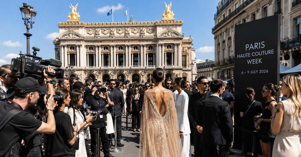 Journalists, photographers and guests outside a Paris couture show venue on a sunny July day with models arriving and media recording the scene.