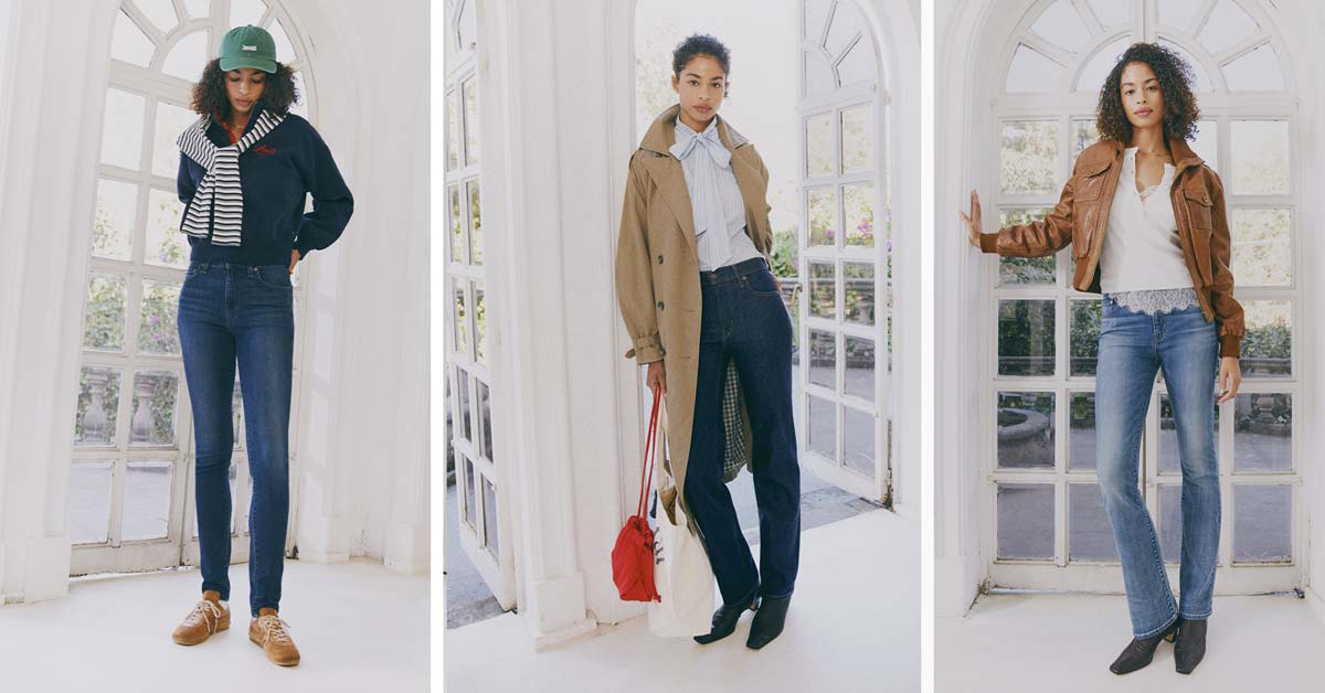 Three models wearing the 721 High Rise Skinny, 723 High Rise Straight and 725 High Rise Bootcut from the relaunched Levi's® 700 Series.