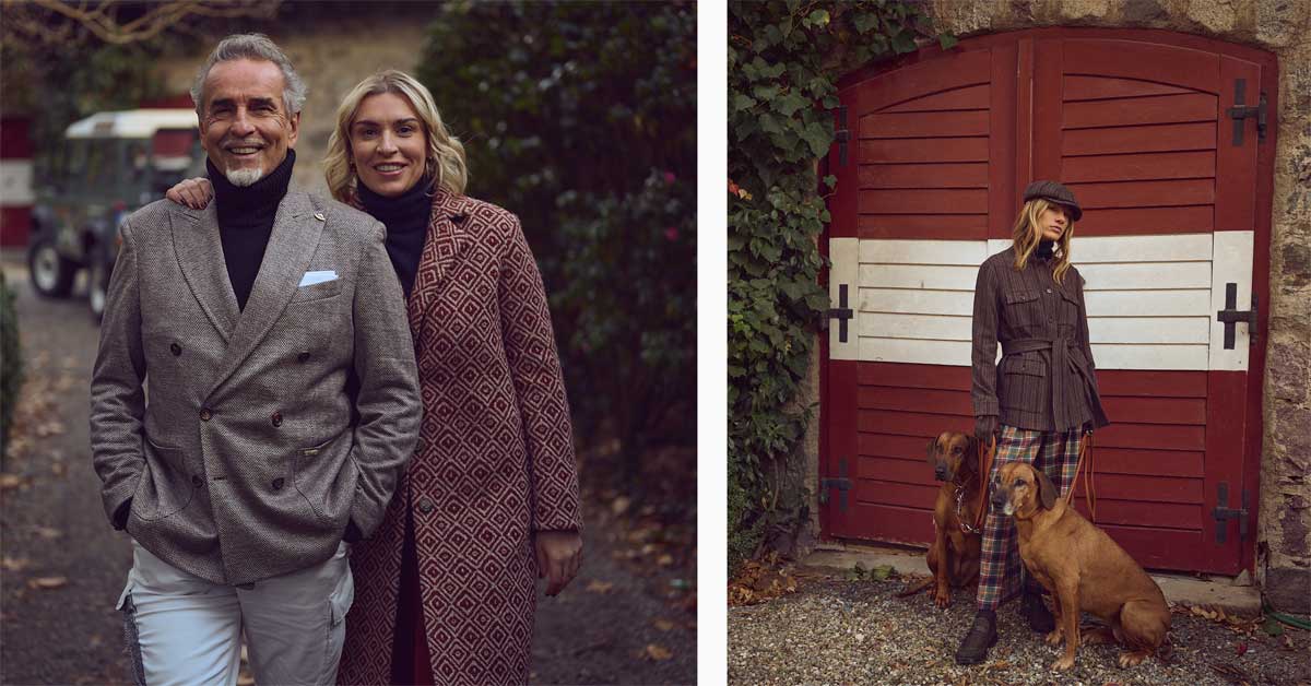 Michi and Johanna Klemera beside a model wearing a British-inspired Alpine look from the Luis Trenker Autumn/Winter 2026/27 collection.