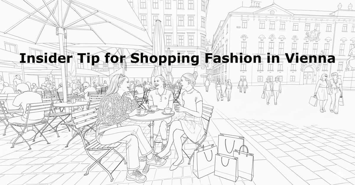 Line illustration of three women at a café in Vienna with shopping bags and historic city buildings in the background