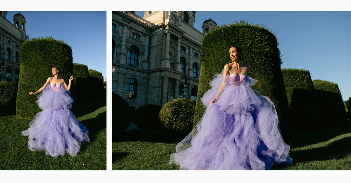 Model in lilac tulle evening gown from Nicolas Dudek SS26 collection on Maria-Theresien-Platz Vienna