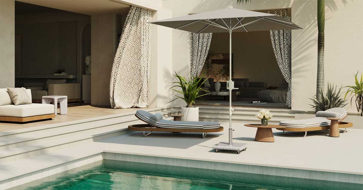 Modern doppler garden terrace with pool, lounge seating and Knirps Apoll Shell Edition umbrella in sand color