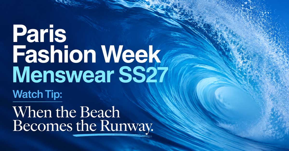 Square teaser graphic featuring abstract blue ocean waves and the text 'Paris Fashion Week Menswear SS27 Watch Tip: When the Beach Becomes the Runway.'