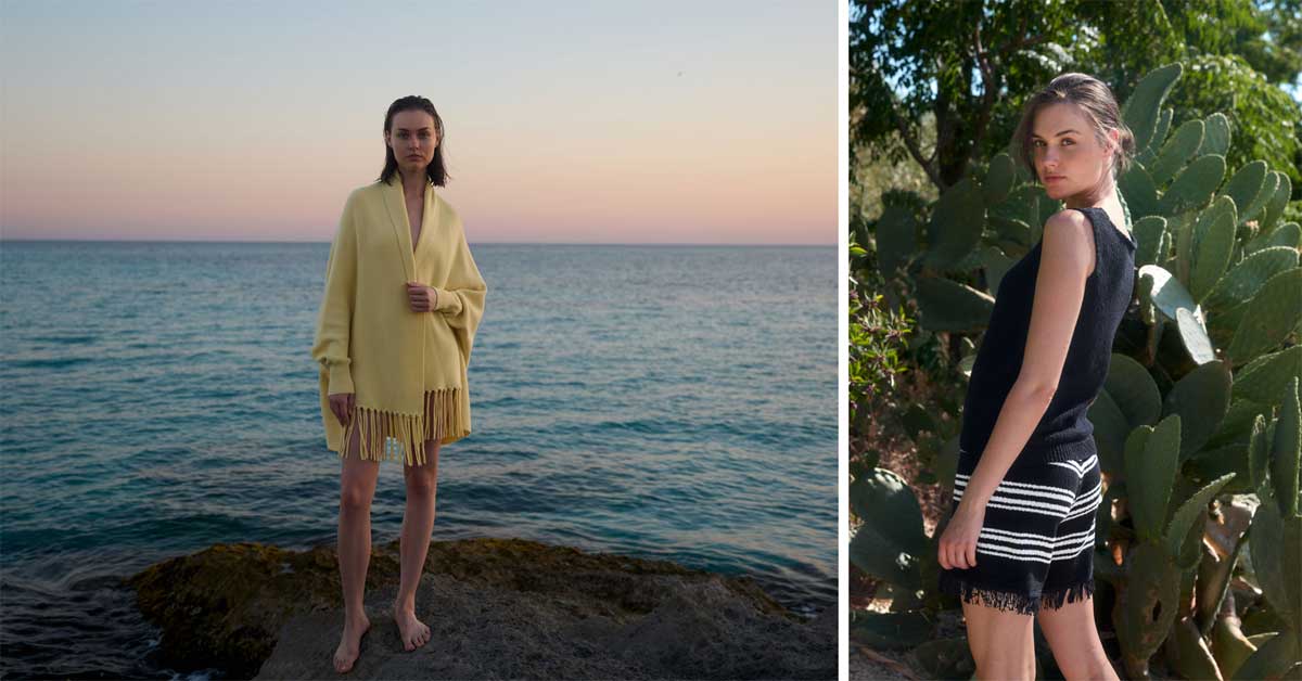 Model in yellow fringe cape by the sea beside model wearing striped knit shorts with fringe details from Philo-Sofie SS26.