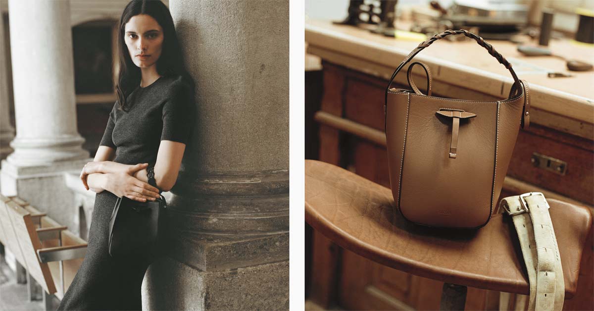 SAGAN Vienna Reins Bucket bag with model in Vienna interior