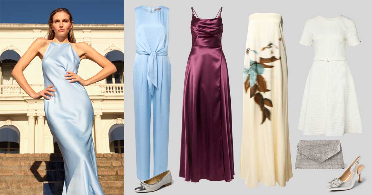 Selection of satin evening dresses, cocktail fashion and summer occasion wear inspired by the Salzburg Festival 2026.