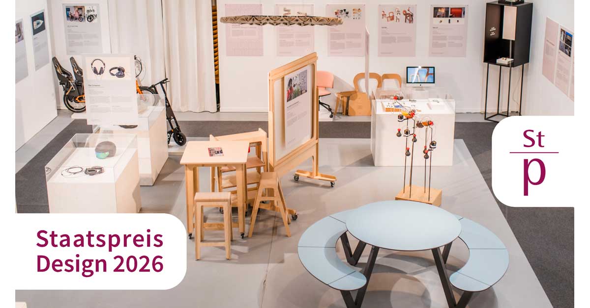 Official visual of the Staatspreis Design 2026, based on exhibition scenes of award-winning design projects shown at designforum Wien in 2024.
