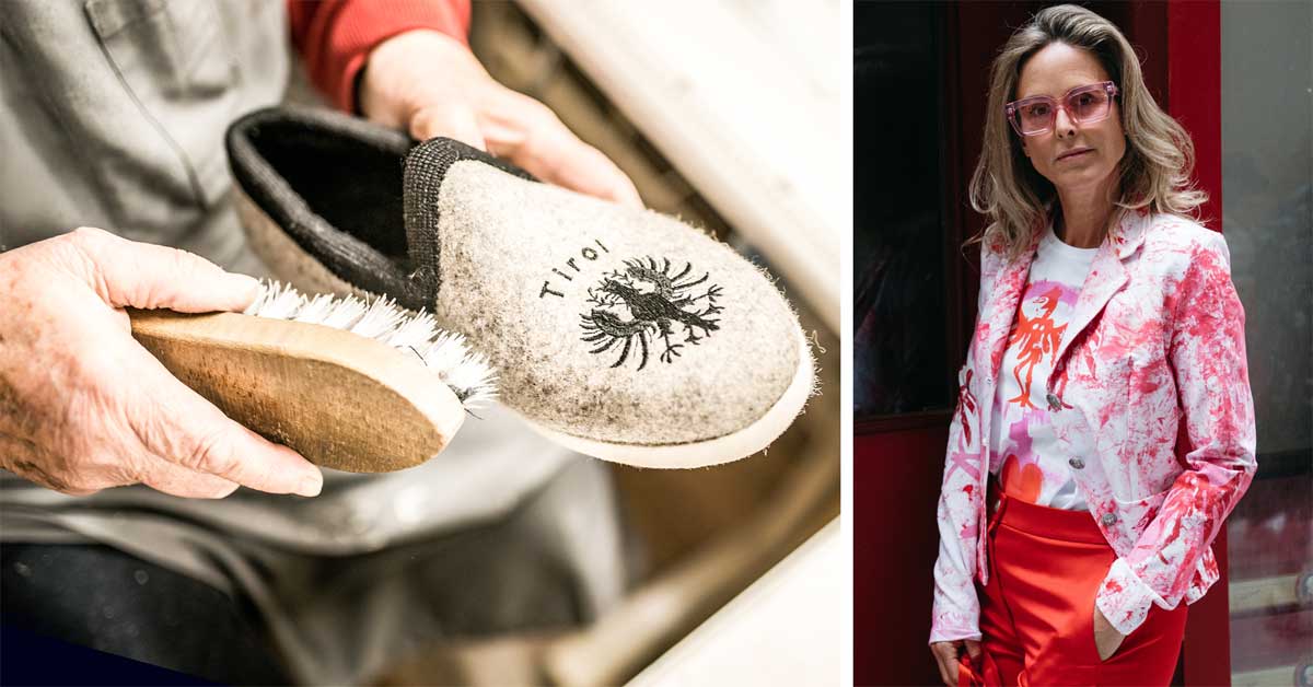 Left: Hand brushing traditional wool Doggln slippers with Tyrolean eagle embroidery. Right: Woman in red and white outfit with eagle motif standing by red door, wearing pink glasses and holding a red bag