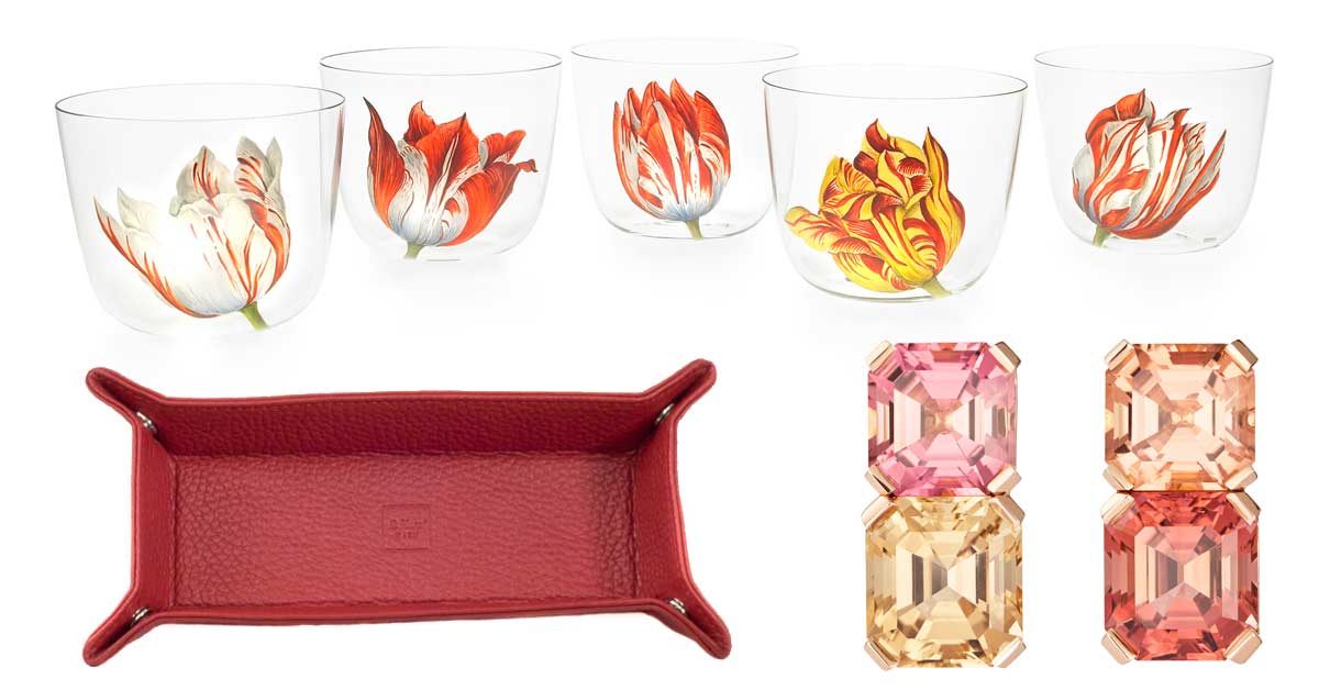 Lobmeyr Tulipmania hand-painted glassware, a red leather Taschenausleerer by R. Horn, and Schullin Wien Thales rose-gold earrings with multicoloured tourmalines on a white background.