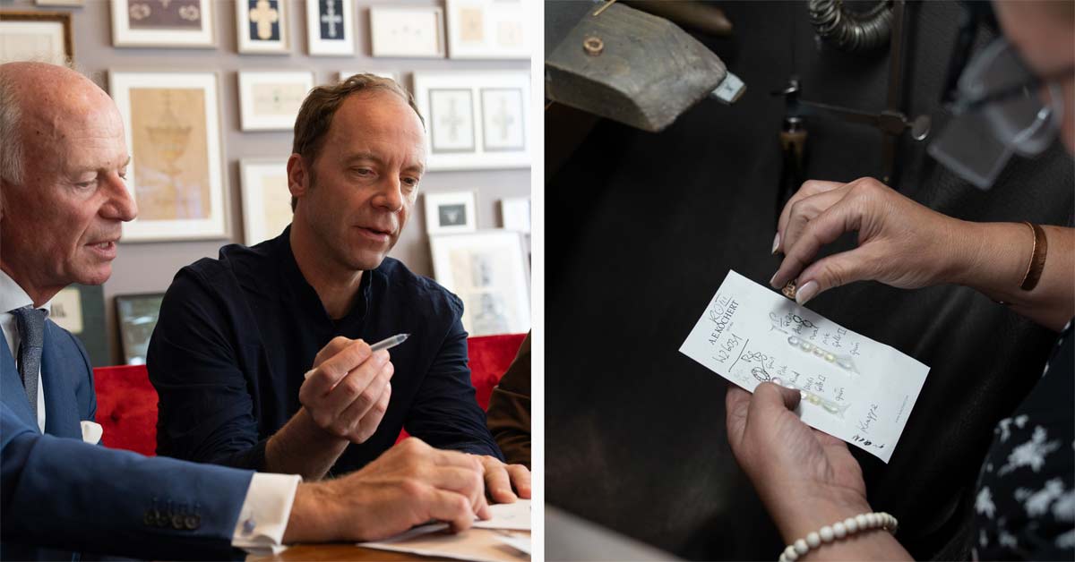 Wolfgang Köchert and Christophe de la Fontaine discussing Passionswege 2026; artisan selecting jewellery elements at A.E.Köchert Juweliere.