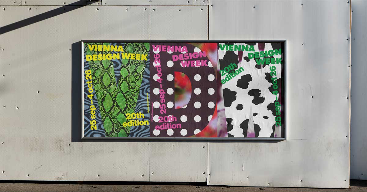 Vienna Design Week 2026 posters with colorful pattern designs displayed on a wall.