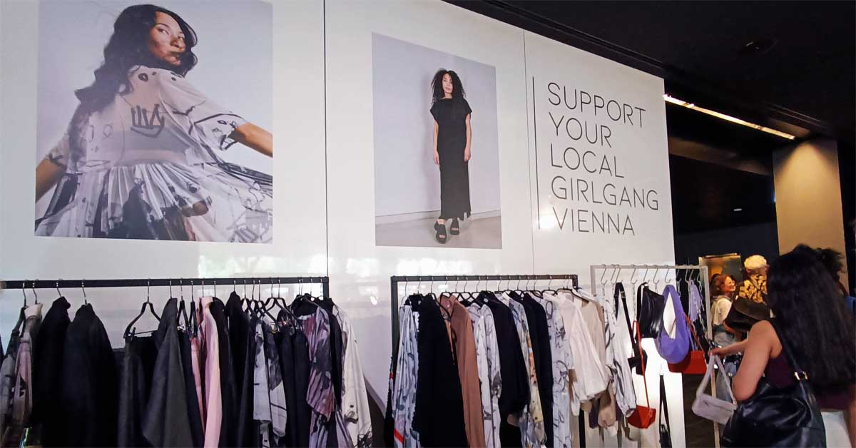 Fashion racks with independent Vienna designer clothing and handcrafted leather bags at the Support Your Local Girlgang Vienna pop-up in SO/ Vienna.