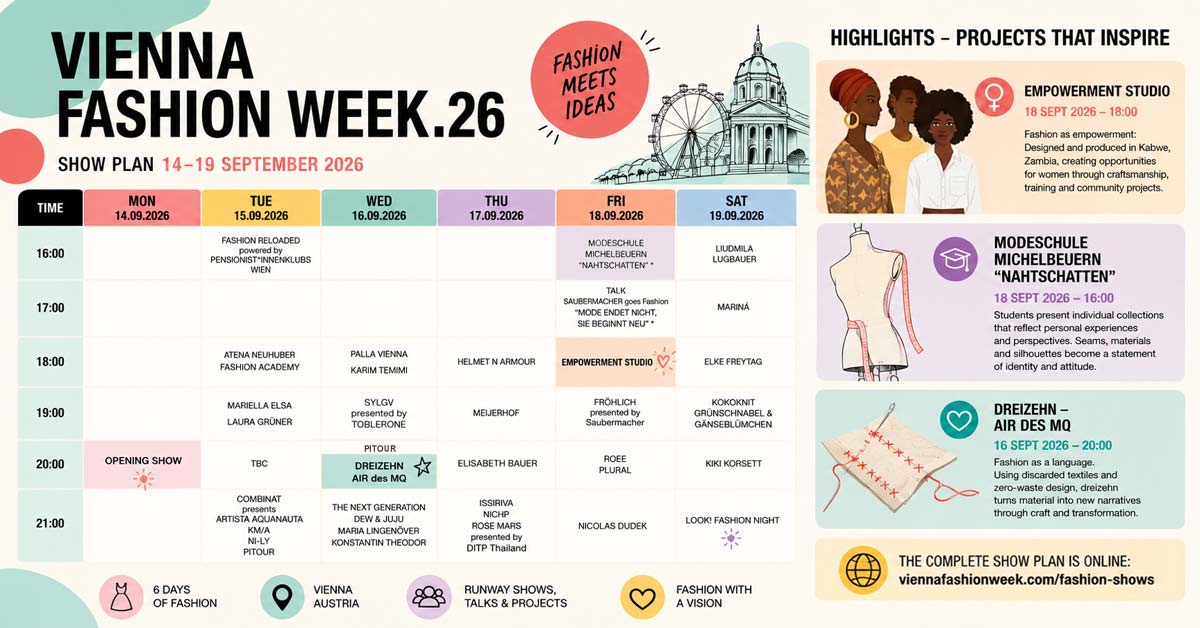 Illustrated Vienna Fashion Week.26 show schedule highlighting Empowerment Studio, Modeschule Michelbeuern's 'Nahtschatten' and the dreizehn MQ Artist-in-Residence project.