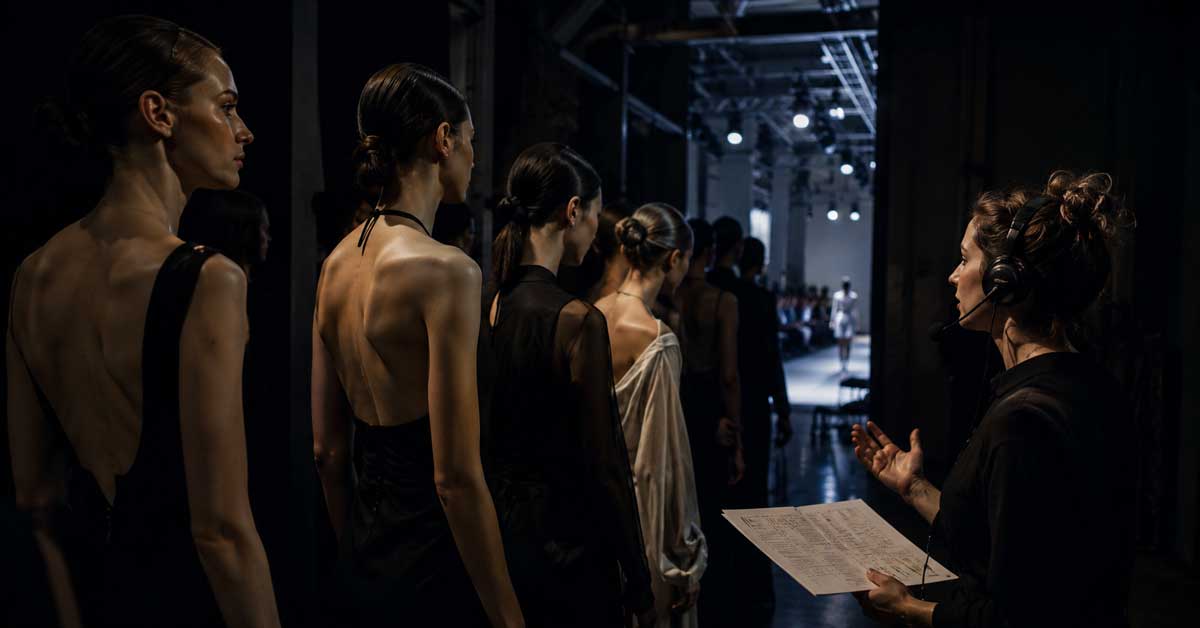 Models backstage waiting to enter the runway.
