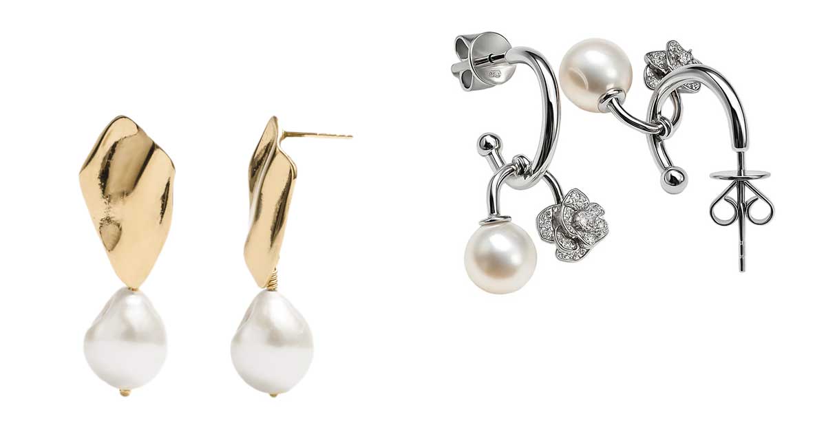 Modern pearl earrings by Vienna-based designers featuring freshwater pearls and diamond-set gold earloops.