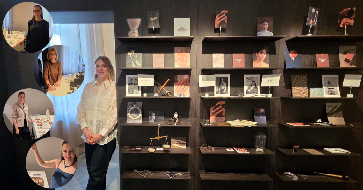 Ambre Azur founder with displays by four Vienna jewellery designers