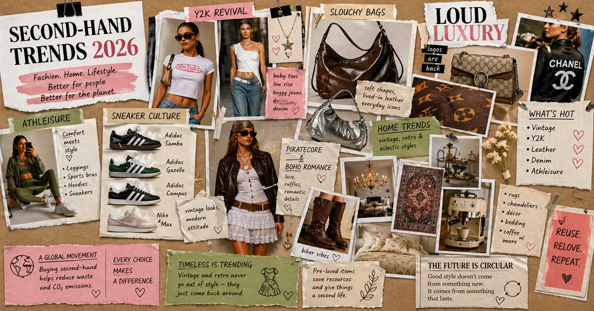 Mood board collage of second-hand fashion and vintage home décor trends including Y2K outfits, bags and interior objects