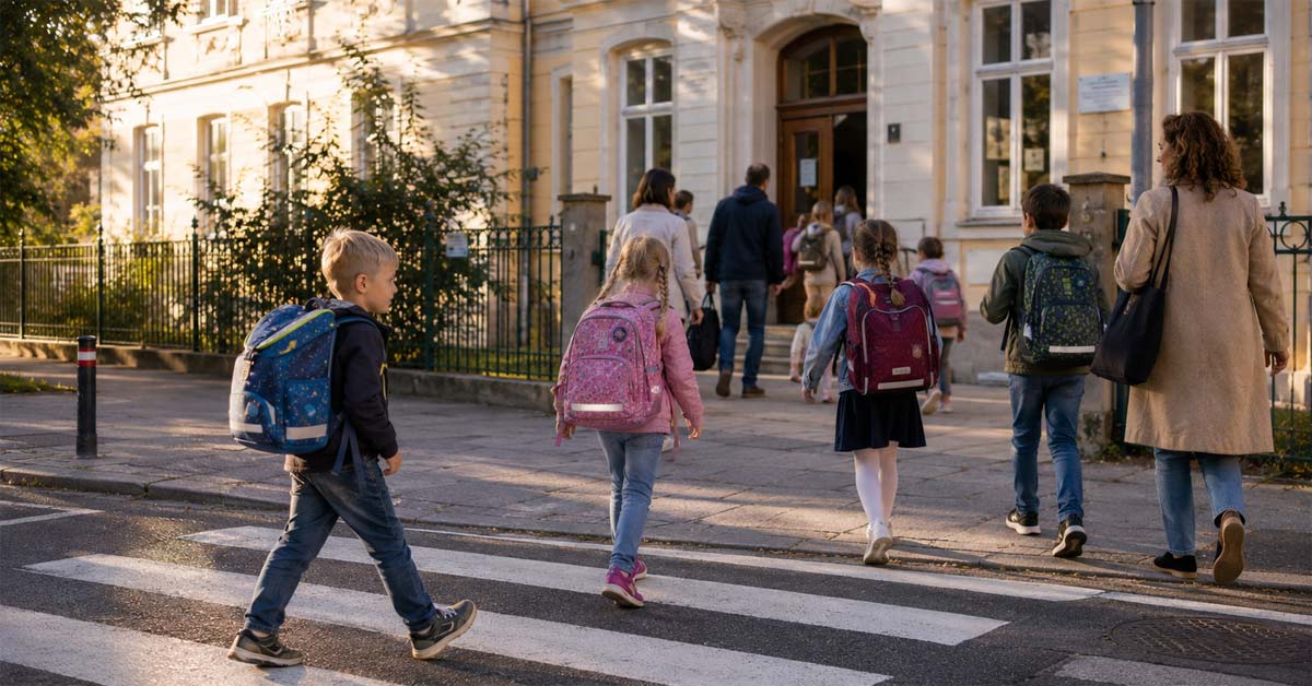 Children wearing ergonomic school bags walk safely to an Austrian primary school.