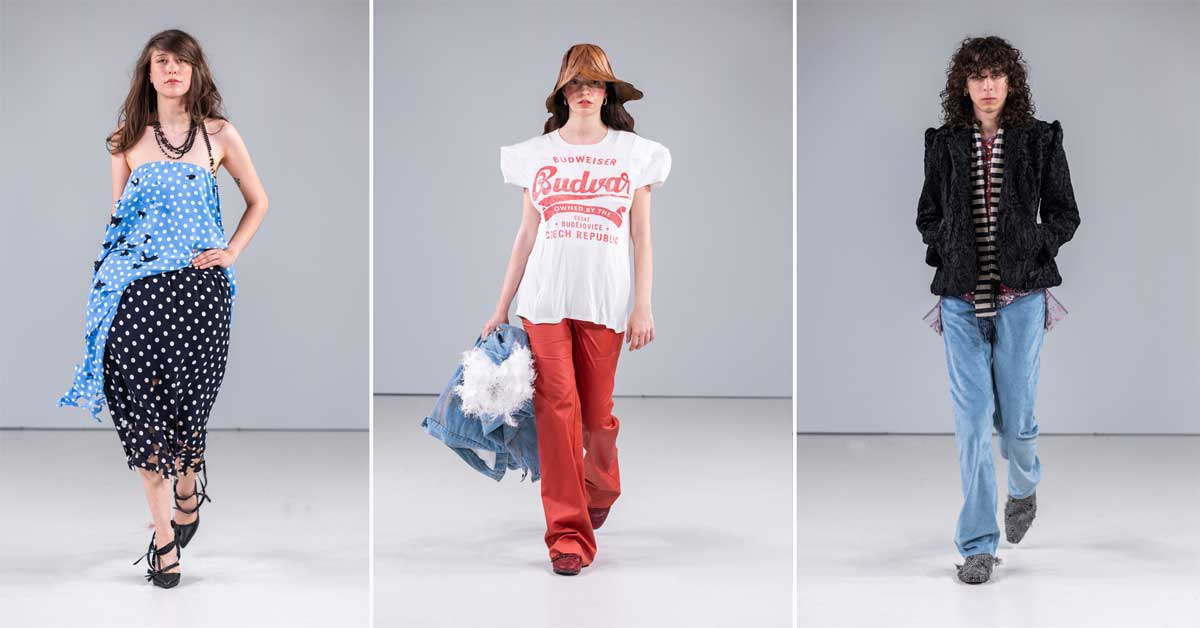 Three looks from the diploma collections shown at Show Modeklasse 2026 at the University of Applied Arts Vienna, featuring designs by Felix Schmidt, Linda Artemis Bergstötter and Jara Dilara Noori.