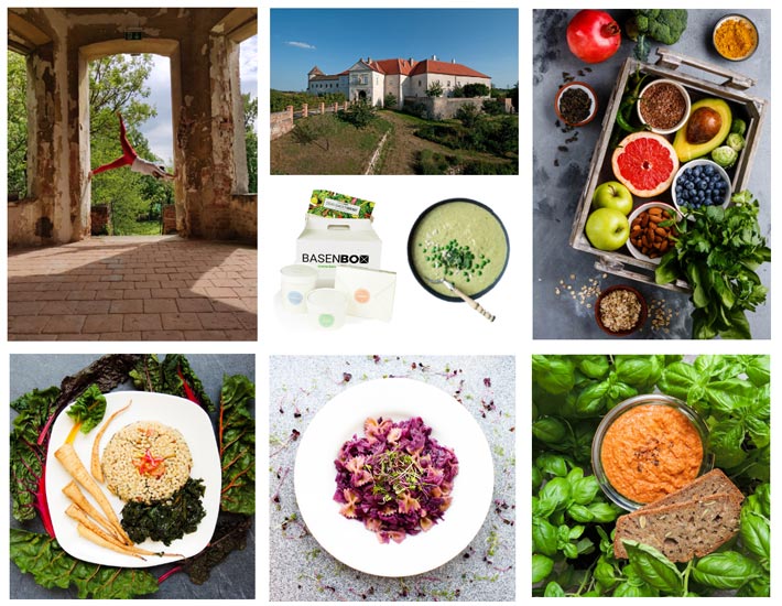 The image shows a collage of various pictures depicting the current lent inspired Basenbox fasting & yoga retreats, special base-diet products which are available at the supermarket, and meals that are delivered by mainly bike messengers in Vienna. Collage: © Basenbox. 