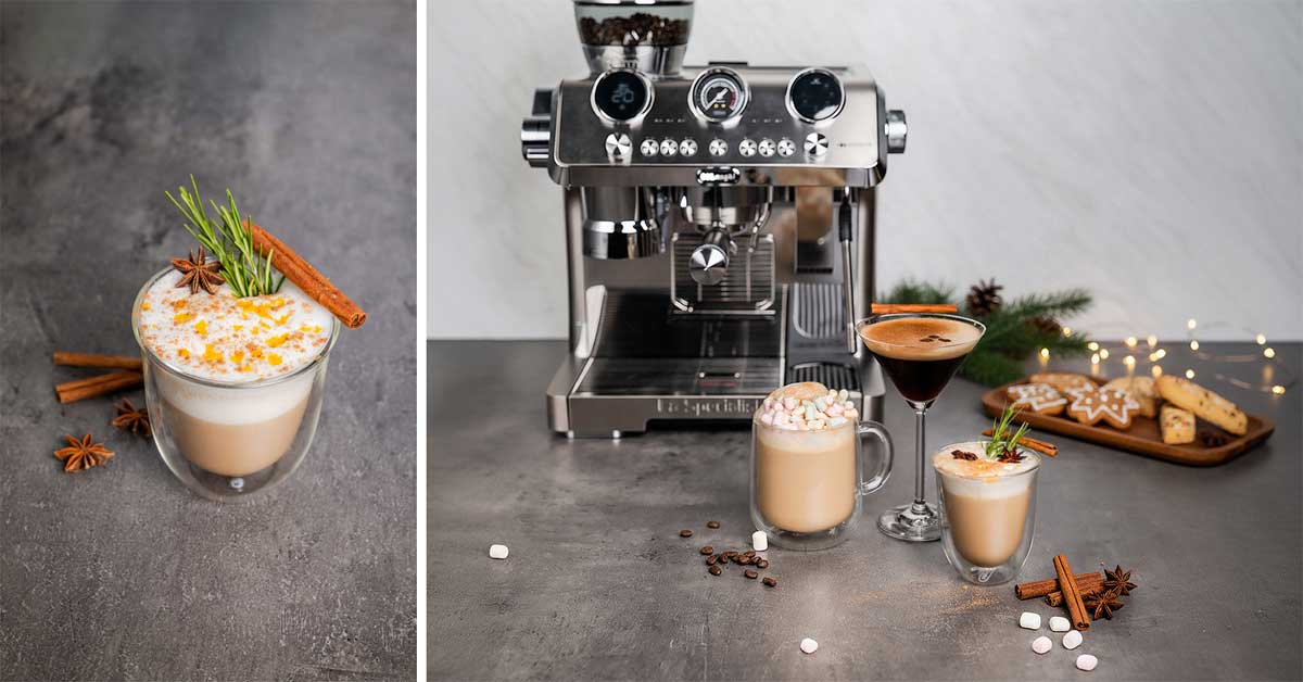 Orange Rosemary Cappuccino with cinnamon, photographed beside two additional winter coffee drinks and a De'Longhi coffee machine. Photo © Wynn Florante