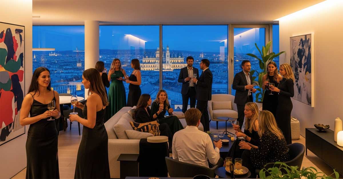 A group of well-dressed people socializing with drinks at a cocktail party in a modern room with panoramic windows overlooking a city skyline and a large illuminated gothic building at dusk.